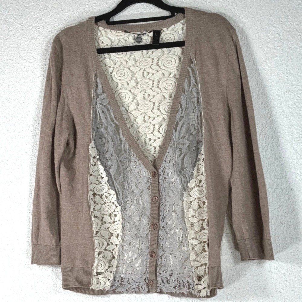 BKE Boutique Tan Lace Cardigan - L - Floral Mixed Media Boho BTCPD1204 Romantic